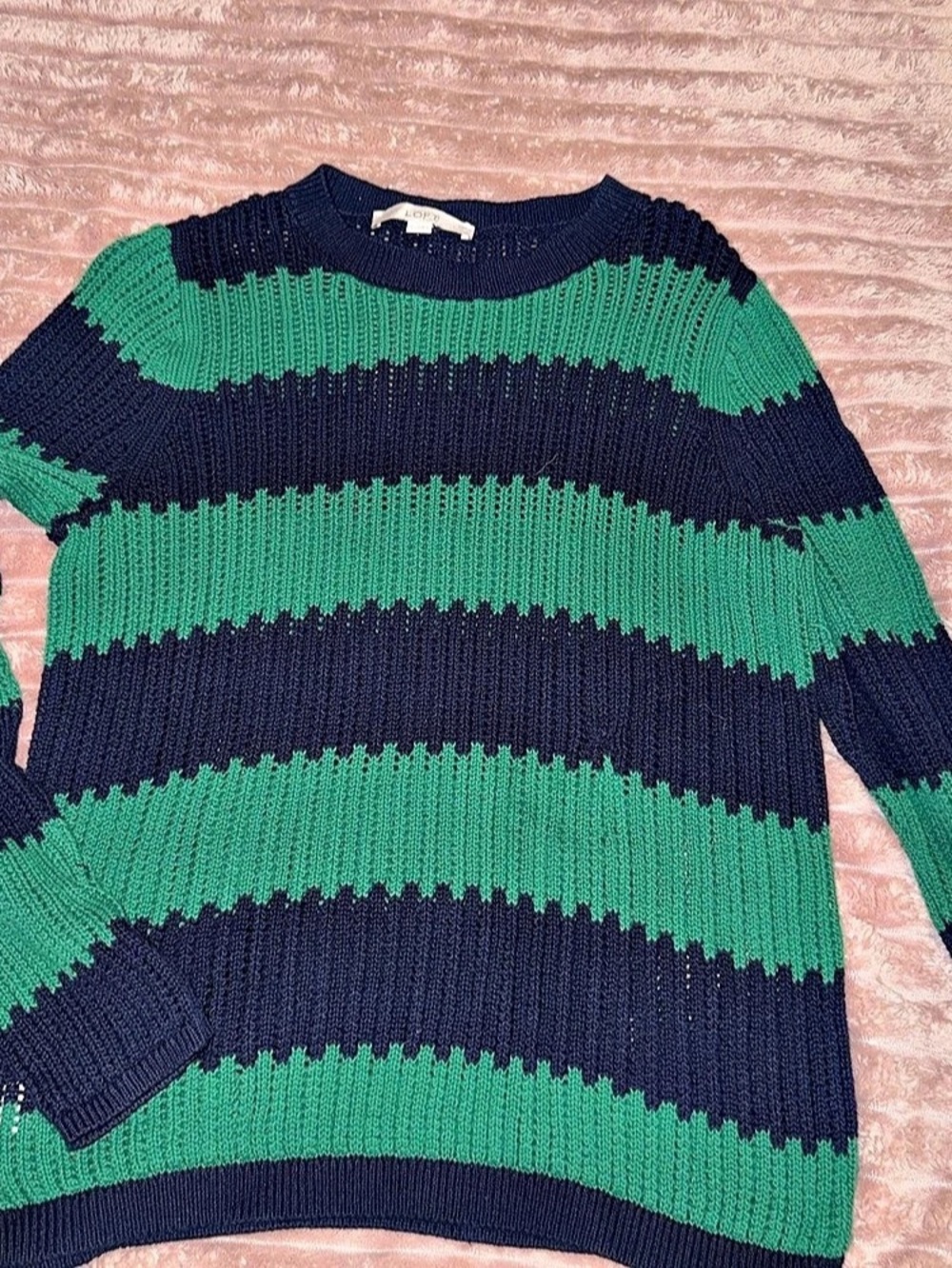 LOFT Striped Crewneck Sweater in Green & Blue Size Large